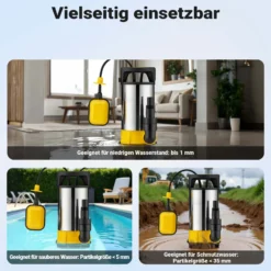 Wiltec 3 in 1 Flachsauger Tauchpumpe Edelstahl 400 W, Schmutzwasserpumpe 8000 l/h, Flachwasserpumpe mit Schwimmer, Flachsaugpumpe für Keller