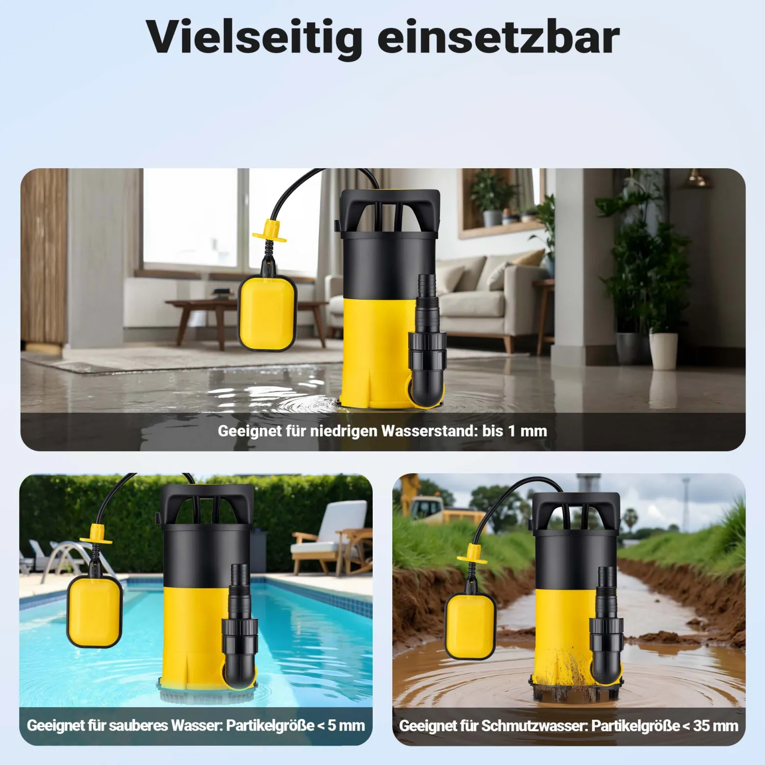 Wiltec 3 in 1 Flachsauger Tauchpumpe 1100 W, Schmutzwasserpumpe 18000l/h, Flachwasserpumpe mit Schwimmer, Flachsaugpumpe für Keller und Garten
