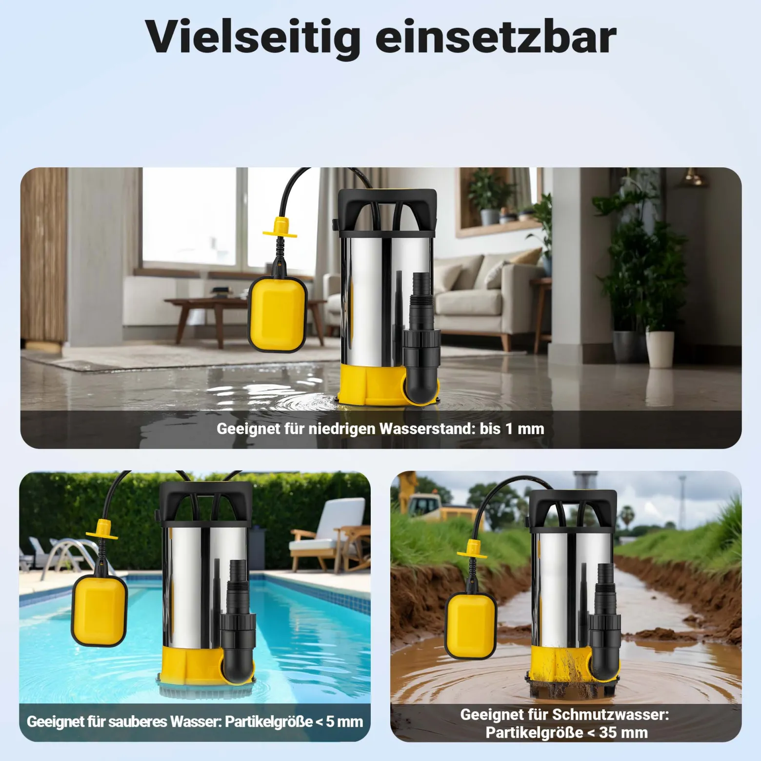 Wiltec 3 in 1 Flachsauger Tauchpumpe Edelstahl 750 W, Schmutzwasserpumpe 14000 l/h, Flachwasserpumpe mit Schwimmer, Flachsaugpumpe für Keller