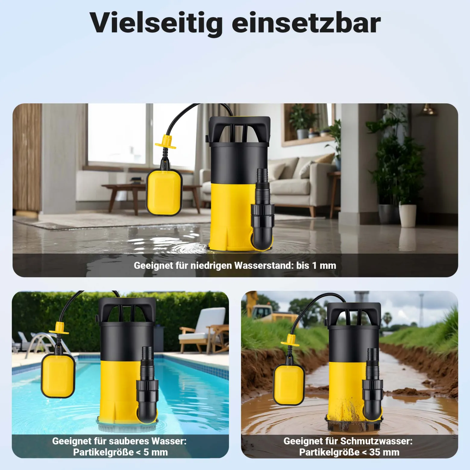 Wiltec 3 in 1 Flachsauger Tauchpumpe 550 W, Schmutzwasserpumpe 12500 l/h, Flachwasserpumpe mit Schwimmer, Flachsaugpumpe für Keller und Garten