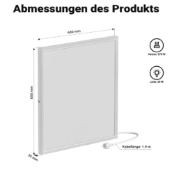 Wiltec Infrarot Deckenheizung 370 W, Infrarotheizung Deckenmontage mit LED-Beleuchtung 65,5 x 63 x 3,5 cm, Infrarot Heizung mit Thermostat