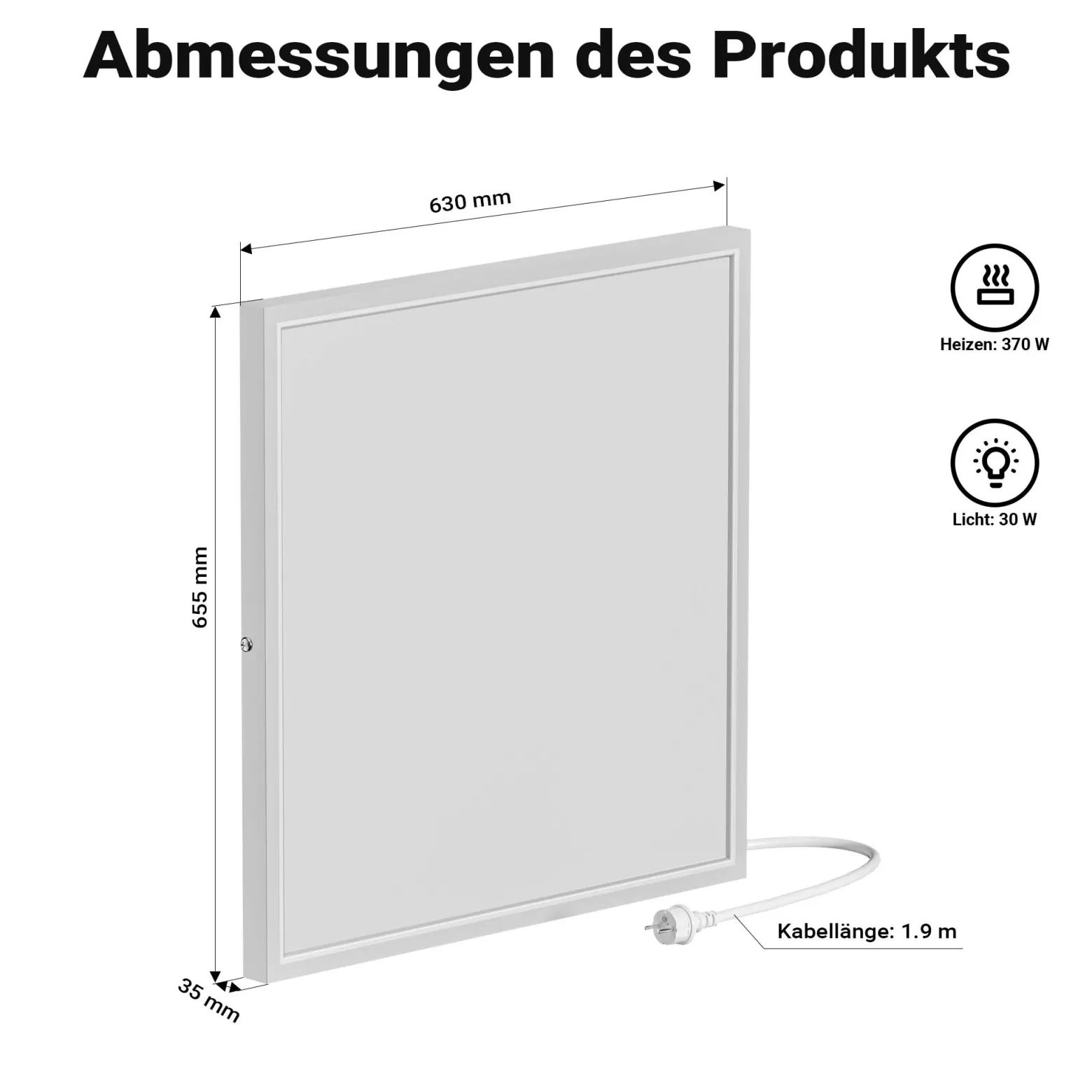 Wiltec Infrarot Deckenheizung 370 W, Infrarotheizung Deckenmontage mit LED-Beleuchtung 65,5 x 63 x 3,5 cm, Infrarot Heizung mit Thermostat