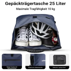 Wiltec 3 in 1 Gepäckträgertasche blau, Fahrradtasche Rucksack 25 l Stauraum, Gepäcktasche mit Laptopfach, wasserresistente Fahrrad Tasche