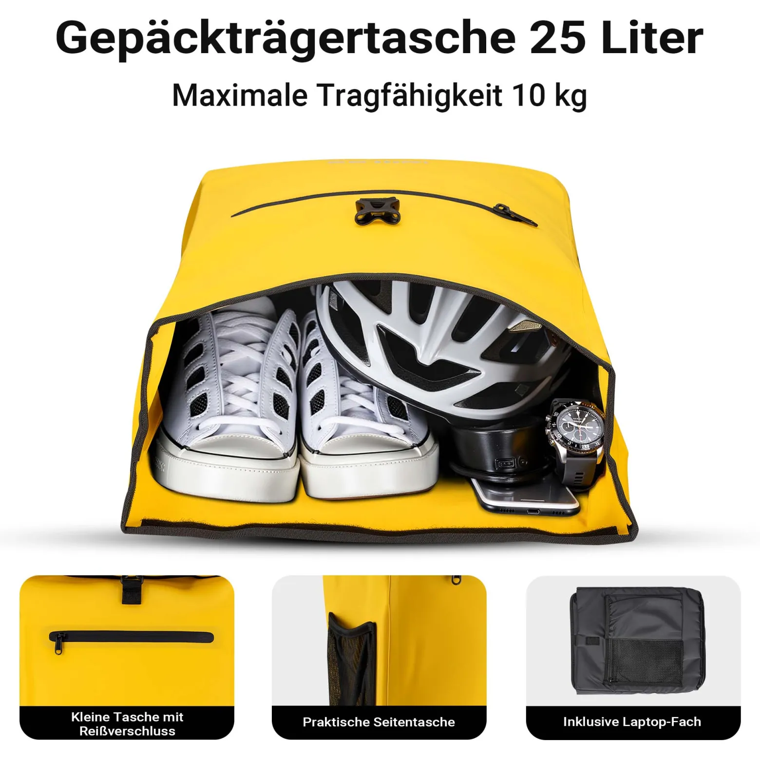 Wiltec 3 in 1 Gepäckträgertasche gelb, Fahrradtasche Rucksack 25 l Stauraum, Gepäcktasche mit Laptopfach, wasserresistente Fahrrad Tasche