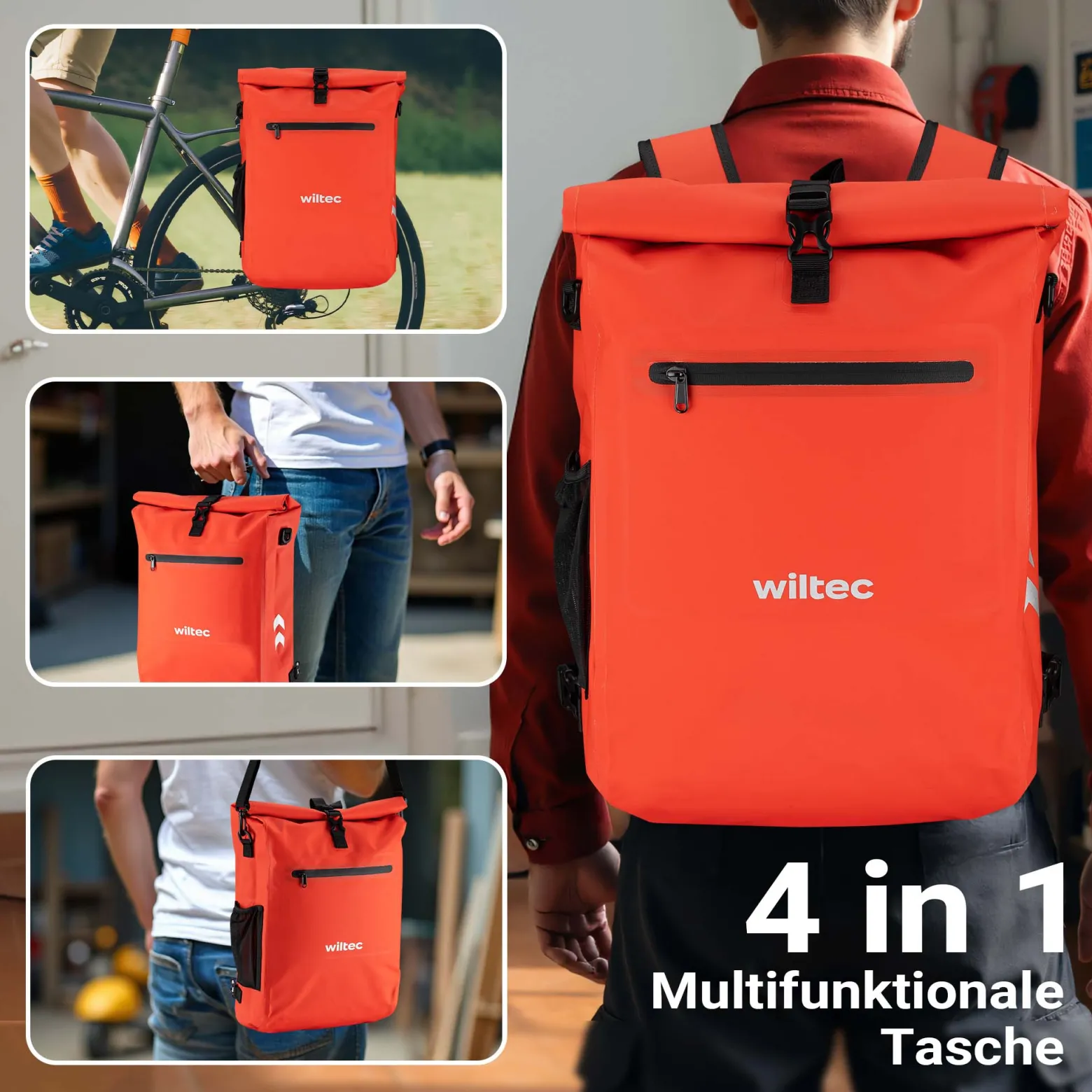 Wiltec 3 in 1 Gepäckträgertasche rot, Fahrradtasche Rucksack 25 l Stauraum, Gepäcktasche mit Laptopfach, wasserresistente Fahrrad Tasche