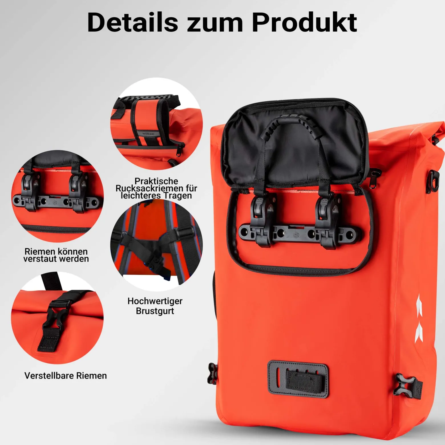 Wiltec 3 in 1 Gepäckträgertasche rot, Fahrradtasche Rucksack 25 l Stauraum, Gepäcktasche mit Laptopfach, wasserresistente Fahrrad Tasche