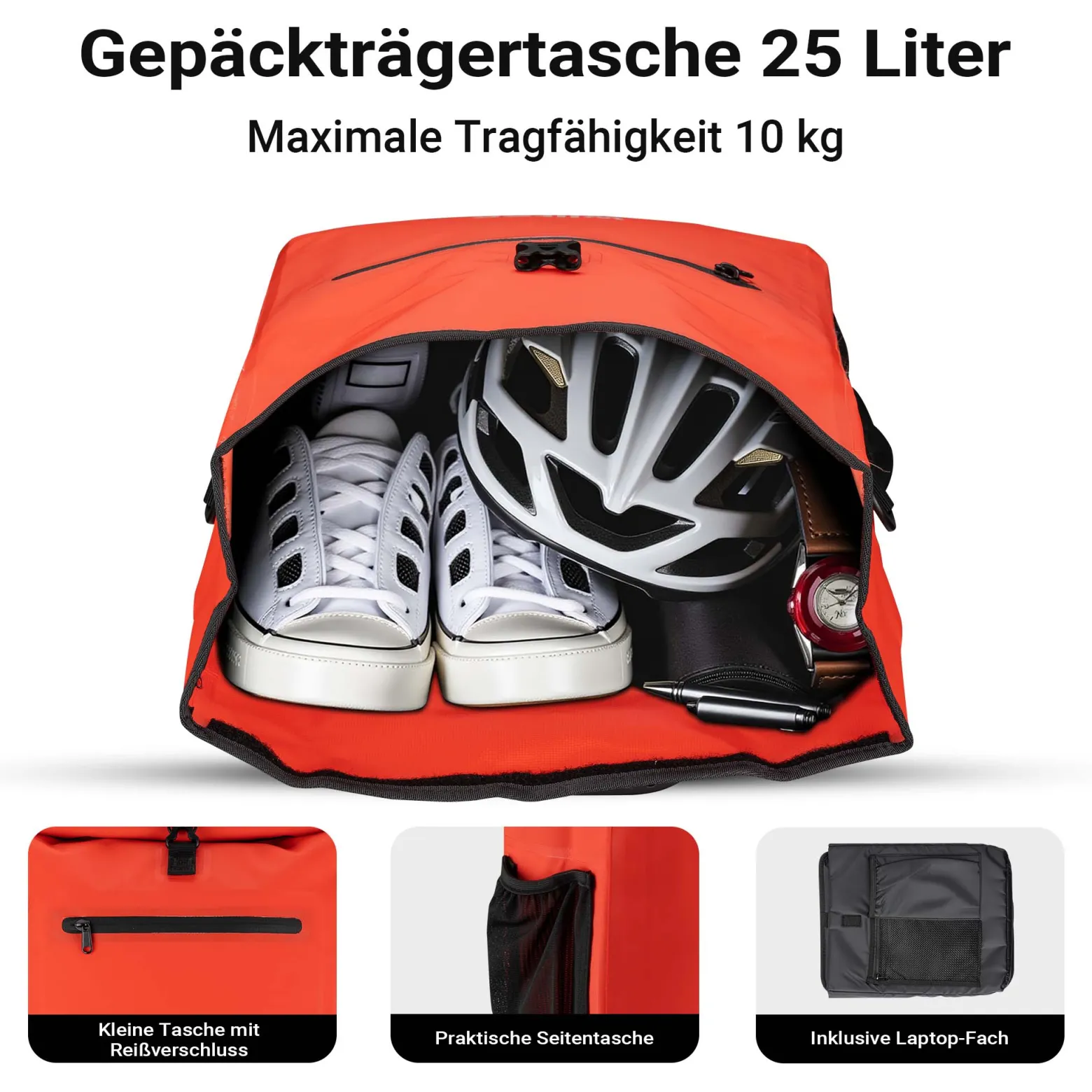 Wiltec 3 in 1 Gepäckträgertasche rot, Fahrradtasche Rucksack 25 l Stauraum, Gepäcktasche mit Laptopfach, wasserresistente Fahrrad Tasche