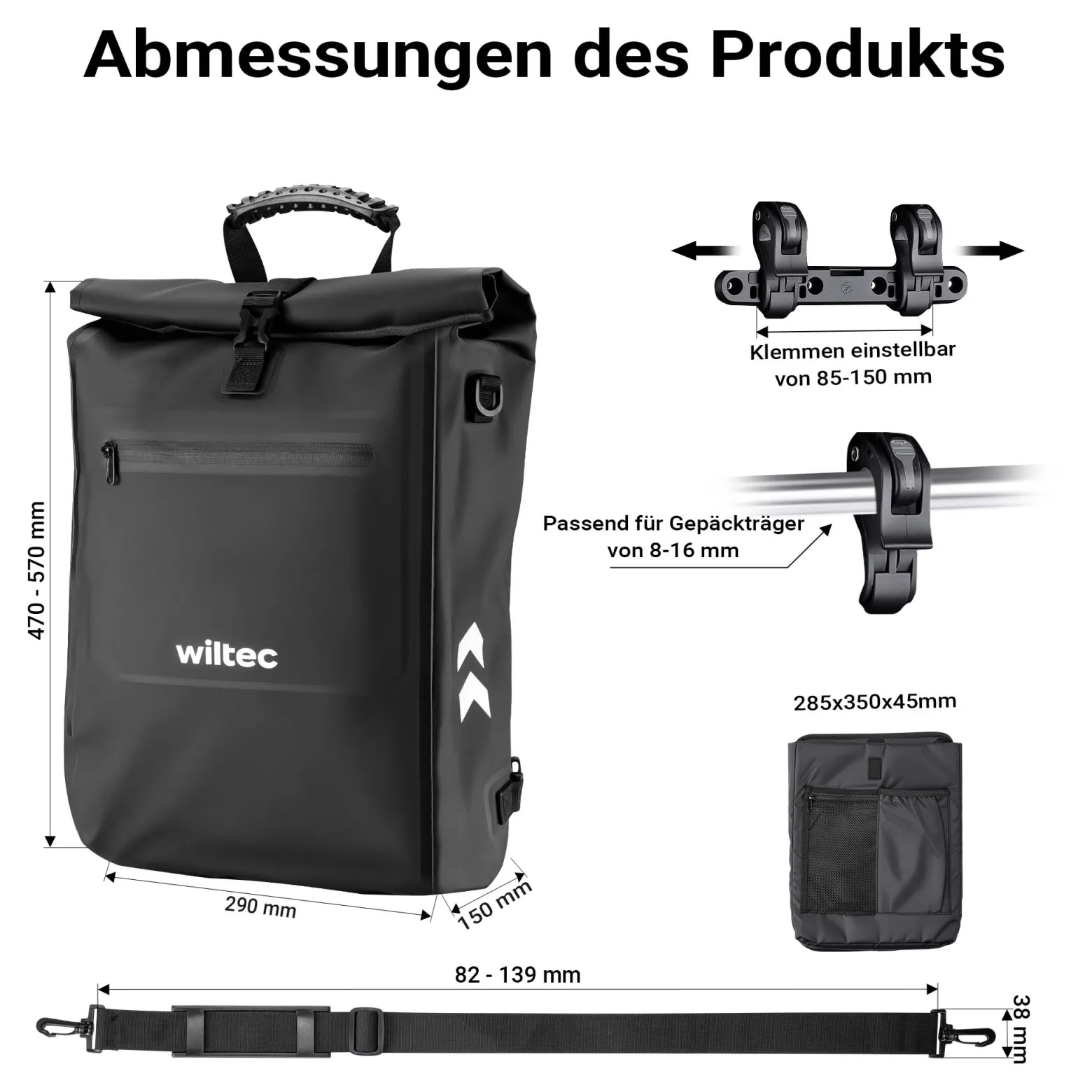 Wiltec 3 in 1 Gepäckträgertasche schwarz, Fahrradtasche Rucksack 25 l Stauraum, Gepäcktasche mit Laptopfach, wasserresistente Fahrrad Tasche