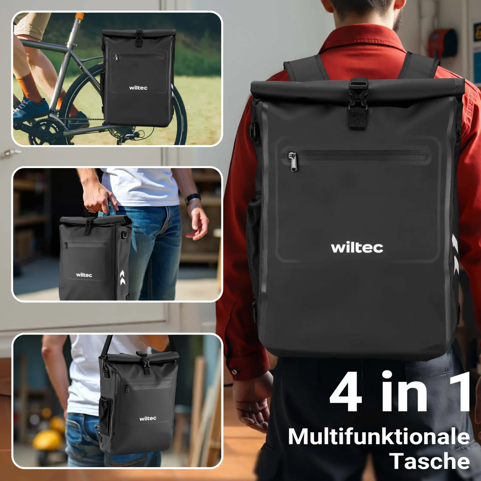 Wiltec 3 in 1 Gepäckträgertasche schwarz, Fahrradtasche Rucksack 25 l Stauraum, Gepäcktasche mit Laptopfach, wasserresistente Fahrrad Tasche