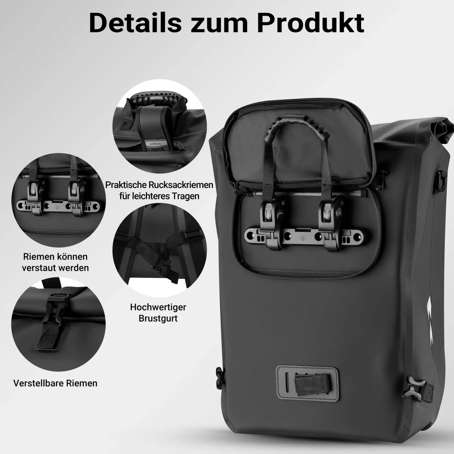 Wiltec 3 in 1 Gepäckträgertasche schwarz, Fahrradtasche Rucksack 25 l Stauraum, Gepäcktasche mit Laptopfach, wasserresistente Fahrrad Tasche