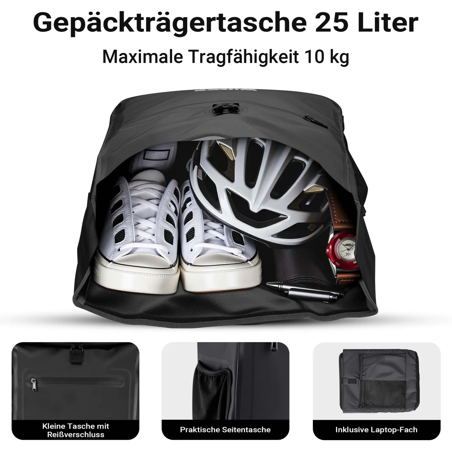 Wiltec 3 in 1 Gepäckträgertasche schwarz, Fahrradtasche Rucksack 25 l Stauraum, Gepäcktasche mit Laptopfach, wasserresistente Fahrrad Tasche