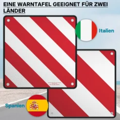 Wiltec 2in1 rot weiße Warntafel Spanien und Italien aus Aluminium mit Befestigungslöchern 500x500 mm reflektierend Warnschild für Fahrradträger und Heckträger zur Kennzeichnung überstehender Ladung