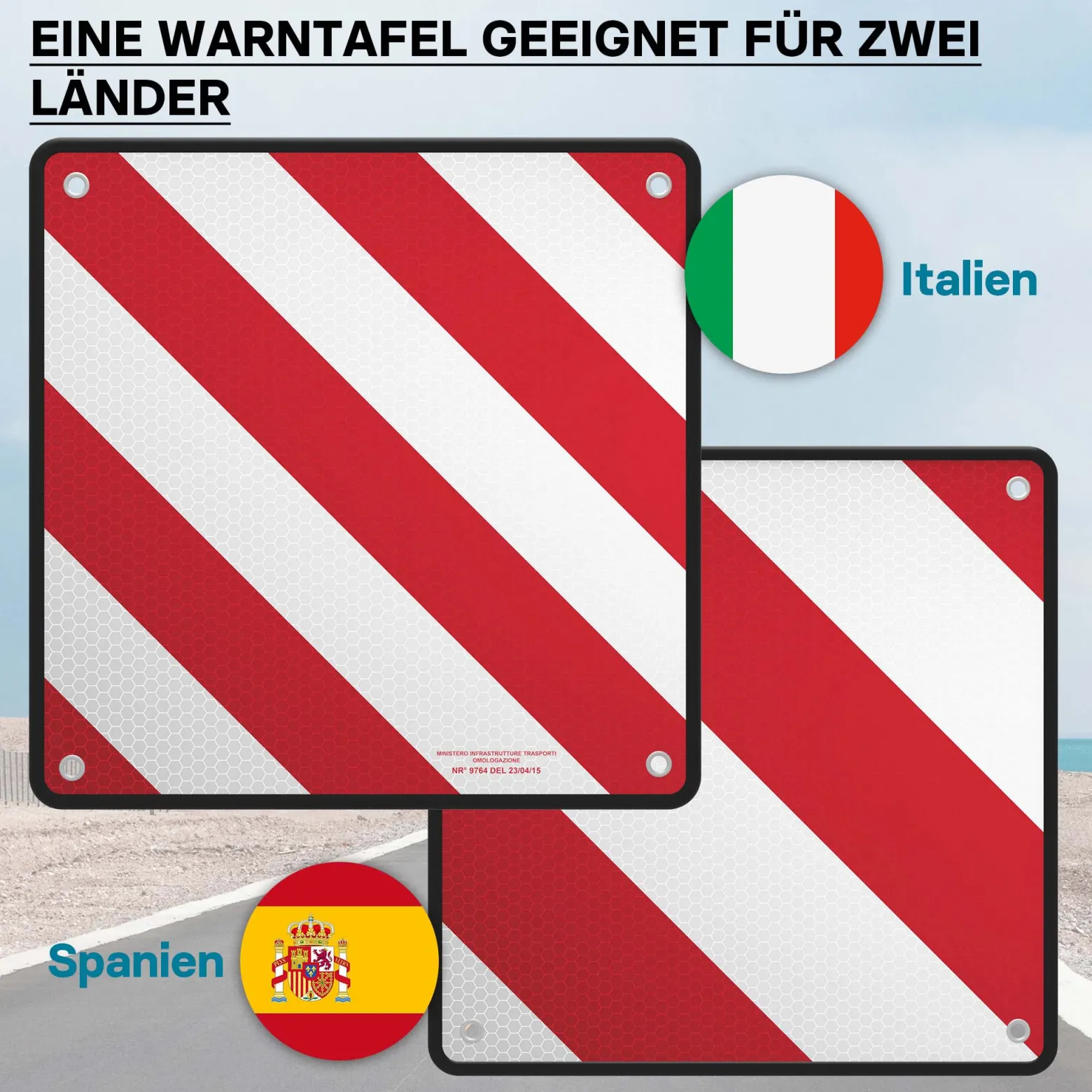 Wiltec 2in1 rot weiße Warntafel Spanien und Italien aus Aluminium mit Befestigungslöchern 500x500 mm reflektierend Warnschild für Fahrradträger und Heckträger zur Kennzeichnung überstehender Ladung