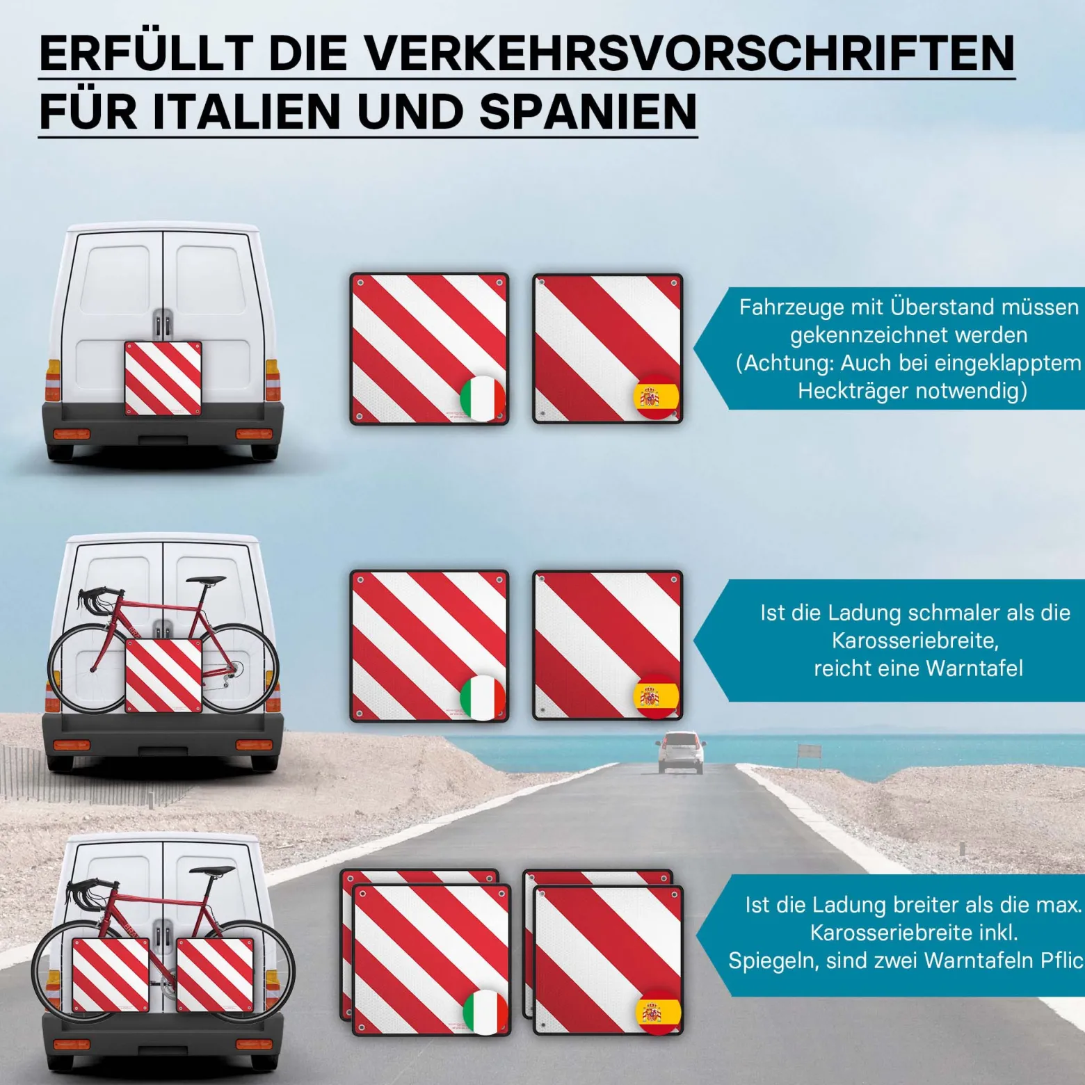 Wiltec 2in1 rot weiße Warntafel Spanien und Italien aus Aluminium mit Befestigungslöchern 500x500 mm reflektierend Warnschild für Fahrradträger und Heckträger zur Kennzeichnung überstehender Ladung
