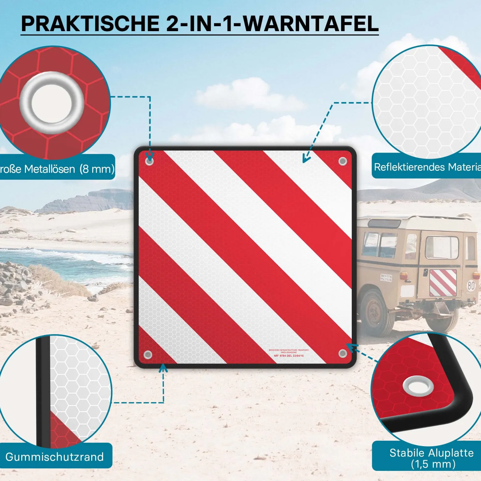 Wiltec 2in1 rot weiße Warntafel Spanien und Italien aus Aluminium mit Befestigungslöchern 500x500 mm reflektierend Warnschild für Fahrradträger und Heckträger zur Kennzeichnung überstehender Ladung