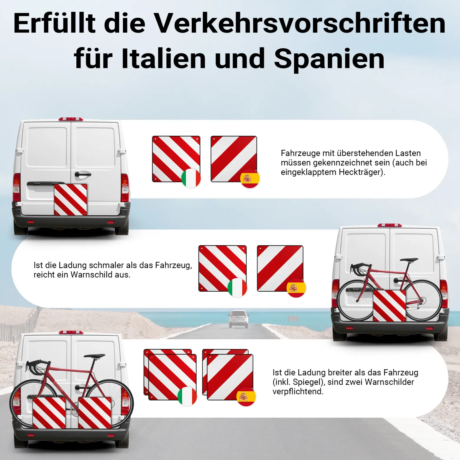 Wiltec 2in1 rot weiße Warntafel Spanien und Italien 50 x 50 cm, Fahrradträger Schild aus Aluminium, Warnschild für Heckträger reflektierend