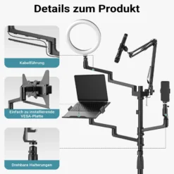 Wiltec 4 in 1 Stativ, Multifunktionales Kamerastativ mit Rollen, Ringlicht mit Fotostativ 3 Farbmodi, Mobile Halterung für Streaming Setup