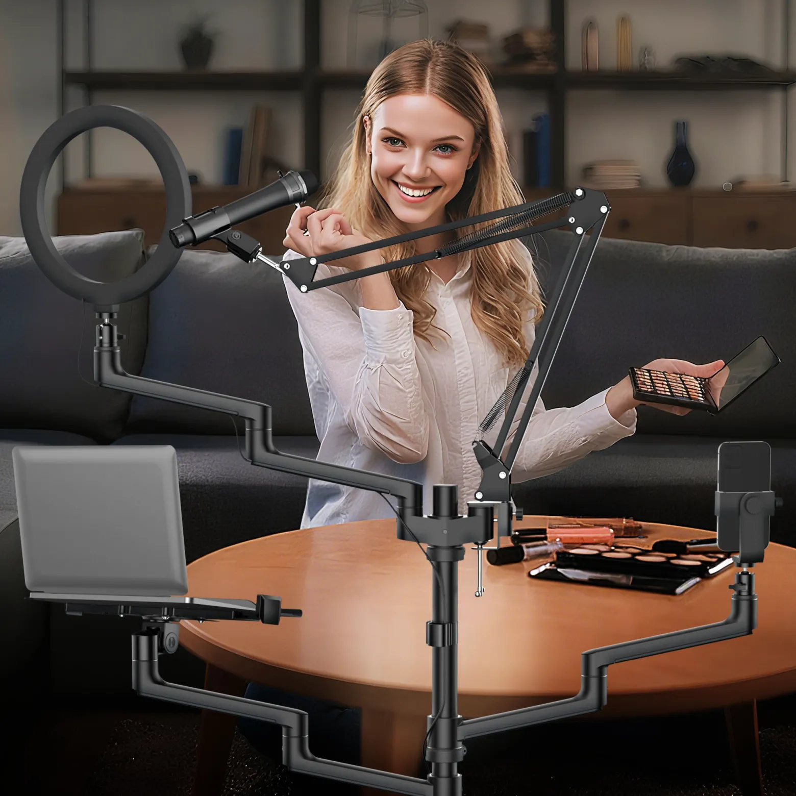 Wiltec 4 in 1 Stativ, Multifunktionales Kamerastativ mit Rollen, Ringlicht mit Fotostativ 3 Farbmodi, Mobile Halterung für Streaming Setup