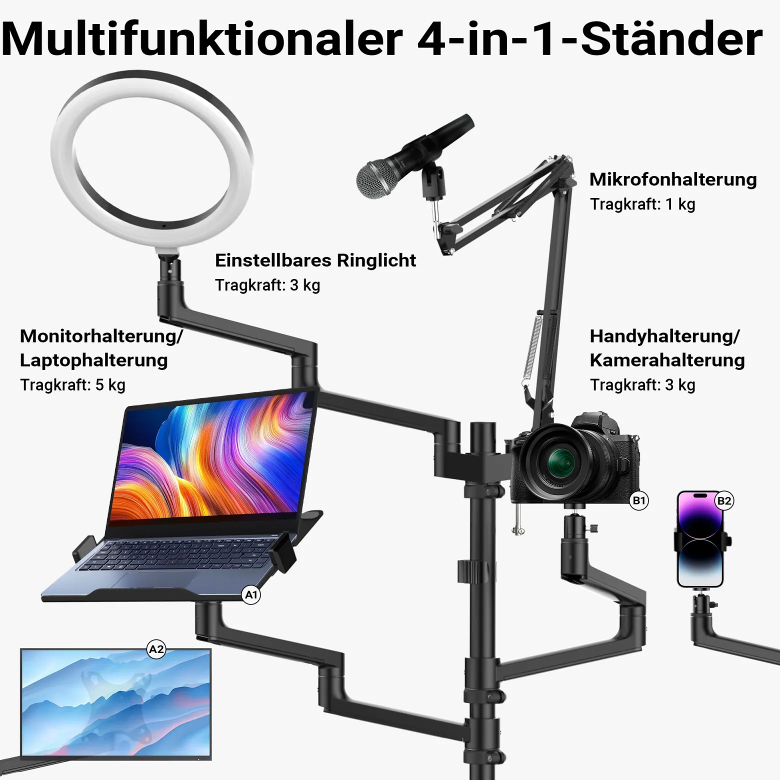 Wiltec 4 in 1 Stativ, Multifunktionales Kamerastativ mit Rollen, Ringlicht mit Fotostativ 3 Farbmodi, Mobile Halterung für Streaming Setup