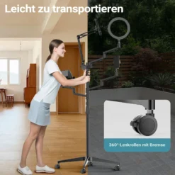 Wiltec 4 in 1 Stativ, Multifunktionales Kamerastativ mit Rollen, Ringlicht mit Fotostativ 3 Farbmodi, Mobile Halterung für Streaming Setup