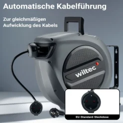 Wiltec Kabeltrommel 20 m + 2 m, automatischer Kabelaufroller 1500 – 3200 W, Verlängerungskabel Trommel 180° Halterung, robuste Kabel Trommel