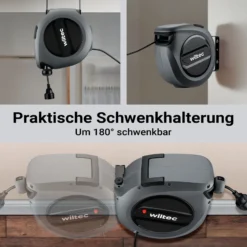 Wiltec Kabeltrommel 20 m + 2 m, automatischer Kabelaufroller 1500 – 3200 W, Verlängerungskabel Trommel 180° Halterung, robuste Kabel Trommel