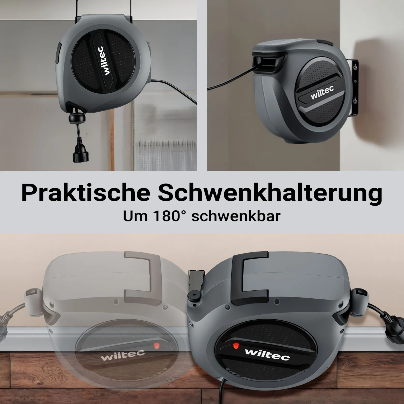 Wiltec Kabeltrommel 20 m + 2 m, automatischer Kabelaufroller 1500 – 3200 W, Verlängerungskabel Trommel 180° Halterung, robuste Kabel Trommel