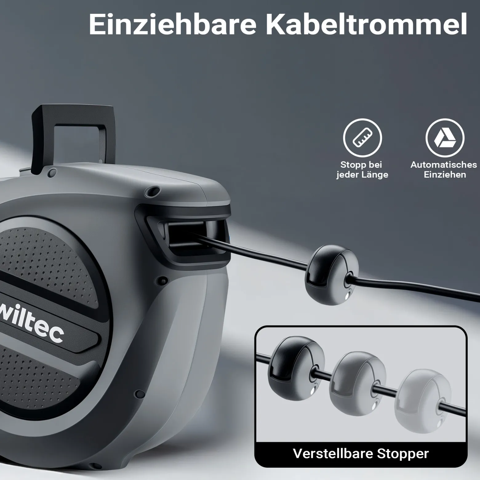 Wiltec Kabeltrommel 20 m + 2 m, automatischer Kabelaufroller 1500 – 3200 W, Verlängerungskabel Trommel 180° Halterung, robuste Kabel Trommel