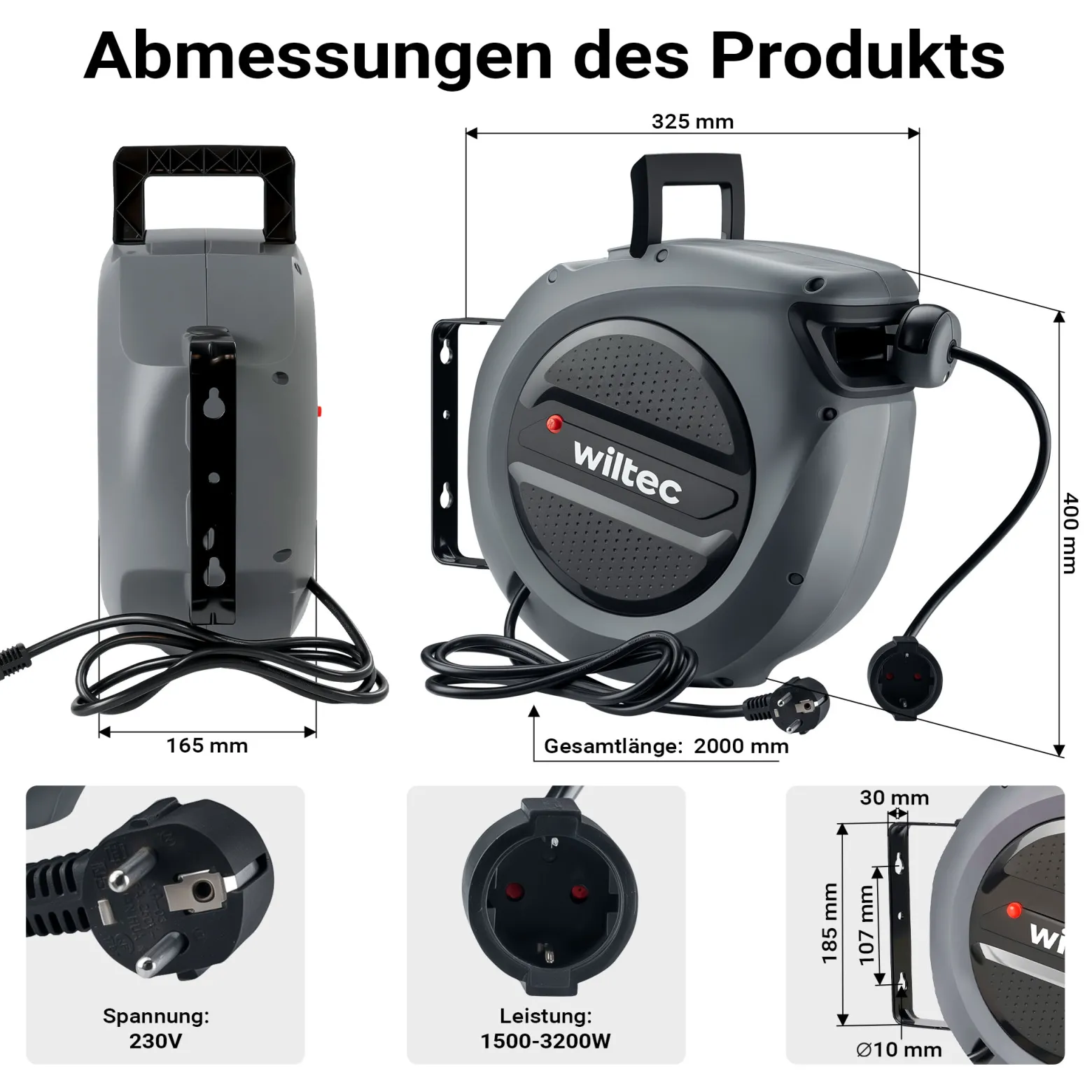 Wiltec Kabeltrommel 20 m + 2 m, automatischer Kabelaufroller 1500 – 3200 W, Verlängerungskabel Trommel 180° Halterung, robuste Kabel Trommel