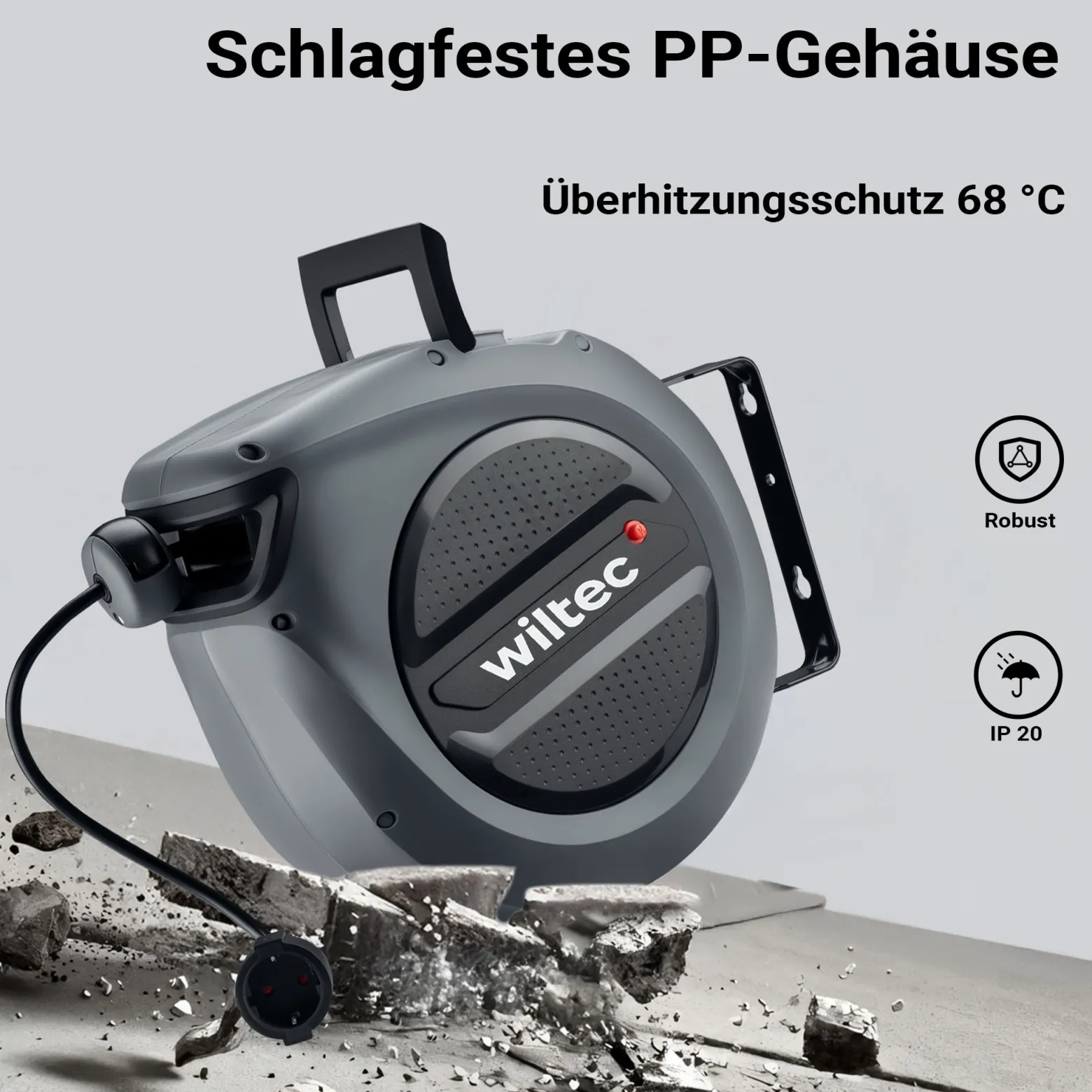 Wiltec Kabeltrommel 20 m + 2 m, automatischer Kabelaufroller 1500 – 3200 W, Verlängerungskabel Trommel 180° Halterung, robuste Kabel Trommel