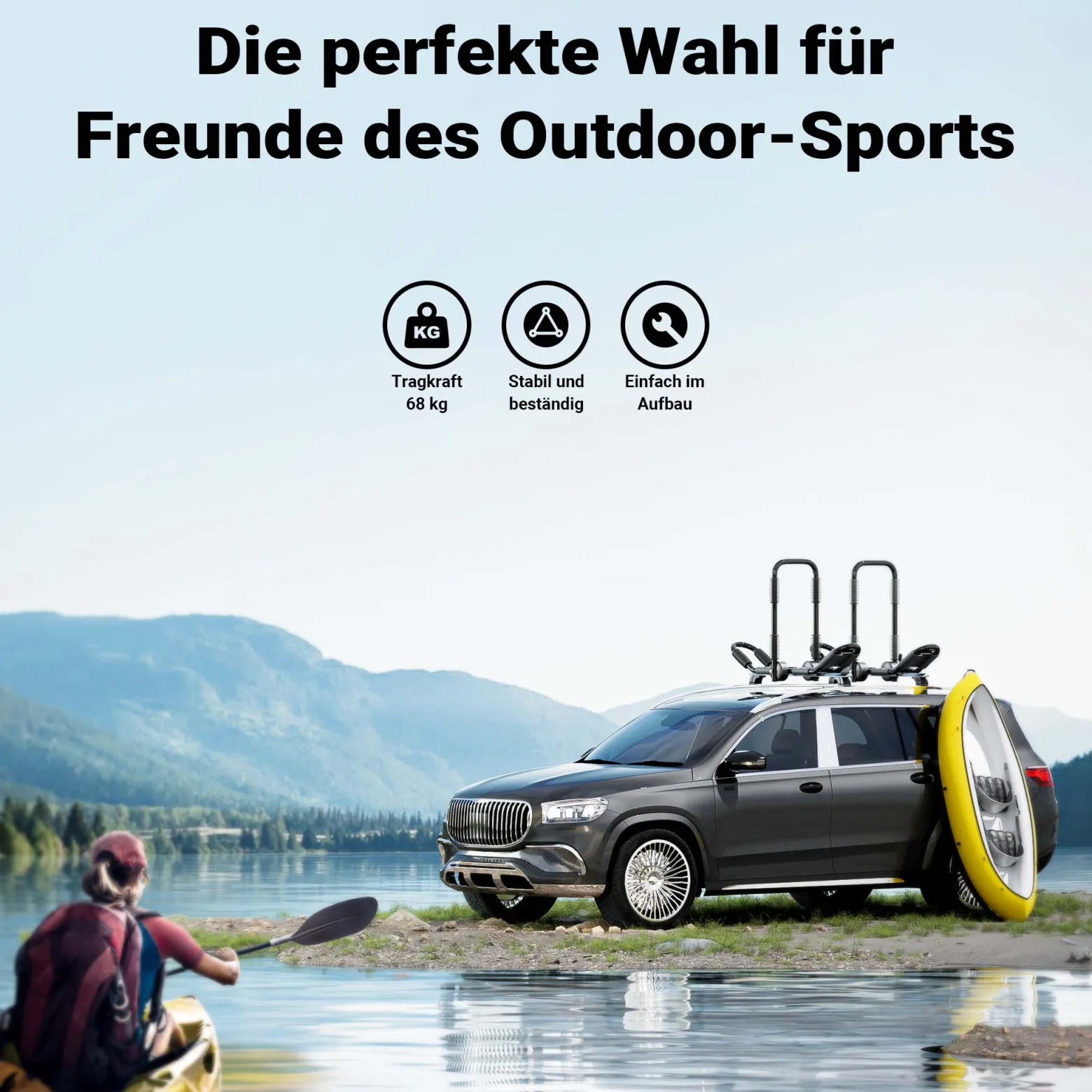 Wiltec Kajak Dachträger bis 68 kg,2 Stück, Boothalterung klappbar in J-Form aus Aluminium, Autodachträger für Kajak, Kanu inkl. Gurte