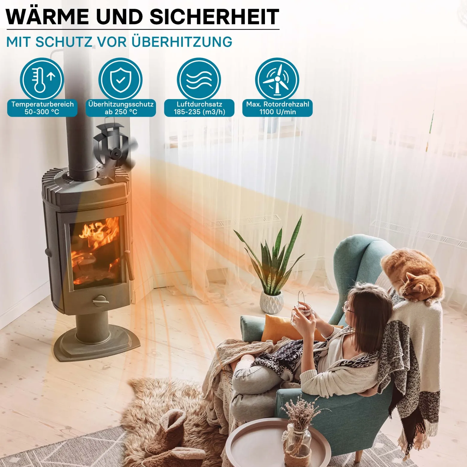 Wiltec Kaminofenventilator mit 5 Blätterm 50 bis 300°C, Ofenventilator ohne Strom, Kaminventilator für eine effiziente und umweltfreundliche Wärmeverteilung