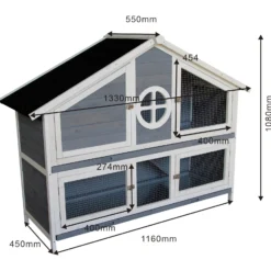 Wiltec Kaninchenstall graublau weiß 1160 x 450 x 1080 mm, Hasenvilla als Ergänzung für Freilauf, Kaninchenkäfig Hasenkäfig mit 4 Türen