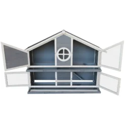 Wiltec Kaninchenstall graublau weiß 1160 x 450 x 1080 mm, Hasenvilla als Ergänzung für Freilauf, Kaninchenkäfig Hasenkäfig mit 4 Türen