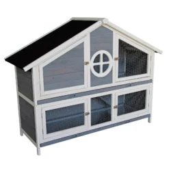 Wiltec Kaninchenstall graublau weiß 1160 x 450 x 1080 mm, Hasenvilla als Ergänzung für Freilauf, Kaninchenkäfig Hasenkäfig mit 4 Türen