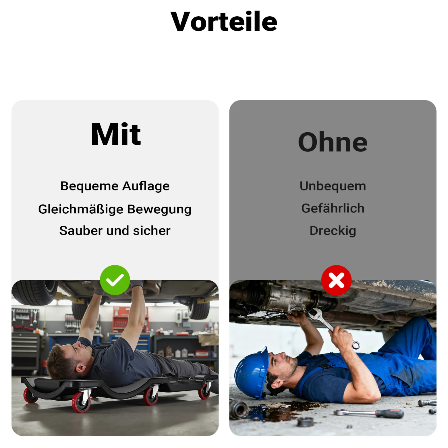 Wiltec Kfz Montageliege 90x40x9cm bis 90 kg aus Kunststoff, Rollbrett mit abnehmbarer Kopfstütze & Werkzeugfächern, Rollliege, Werkstattliege