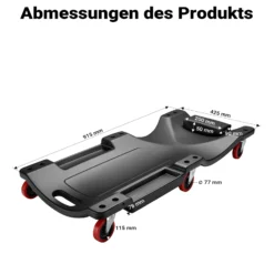 Wiltec Kfz Montageliege 90x40x9cm bis 90 kg aus Kunststoff, Rollbrett mit abnehmbarer Kopfstütze & Werkzeugfächern, Rollliege, Werkstattliege
