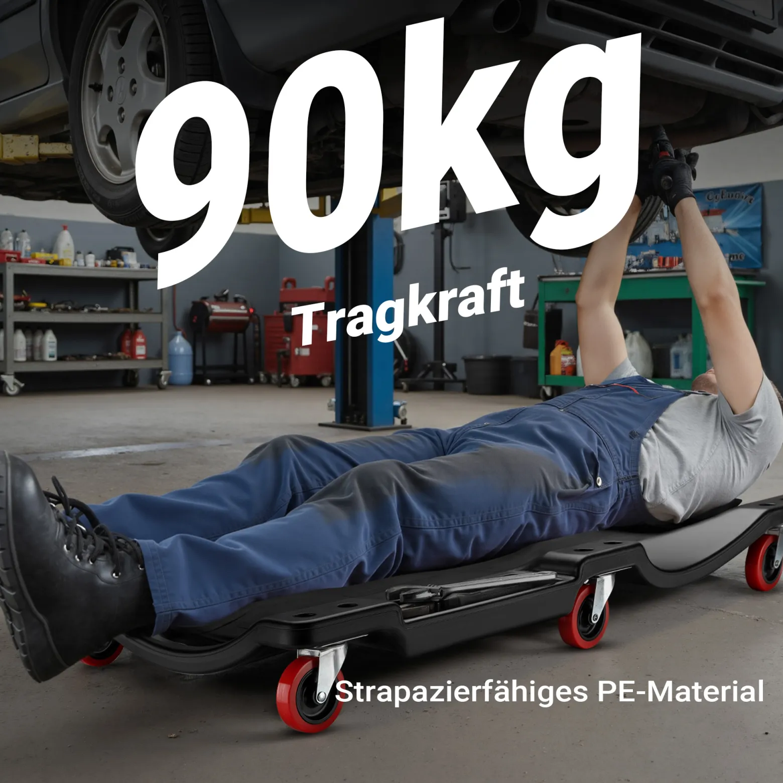 Wiltec Kfz Montageliege 90x40x9cm bis 90 kg aus Kunststoff, Rollbrett mit abnehmbarer Kopfstütze & Werkzeugfächern, Rollliege, Werkstattliege