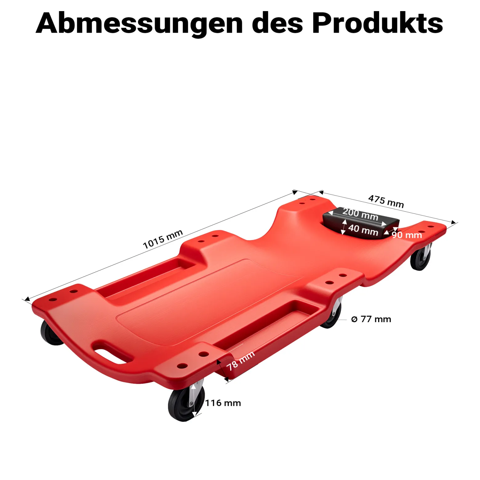 Wiltec Kfz Montageliege 102x48x12 cm bis 180 kg aus Kunststoff, Rollbrett mit abnehmbarer Kopfstütze & Werkzeugfächern, Rollliege, Werkstattliege
