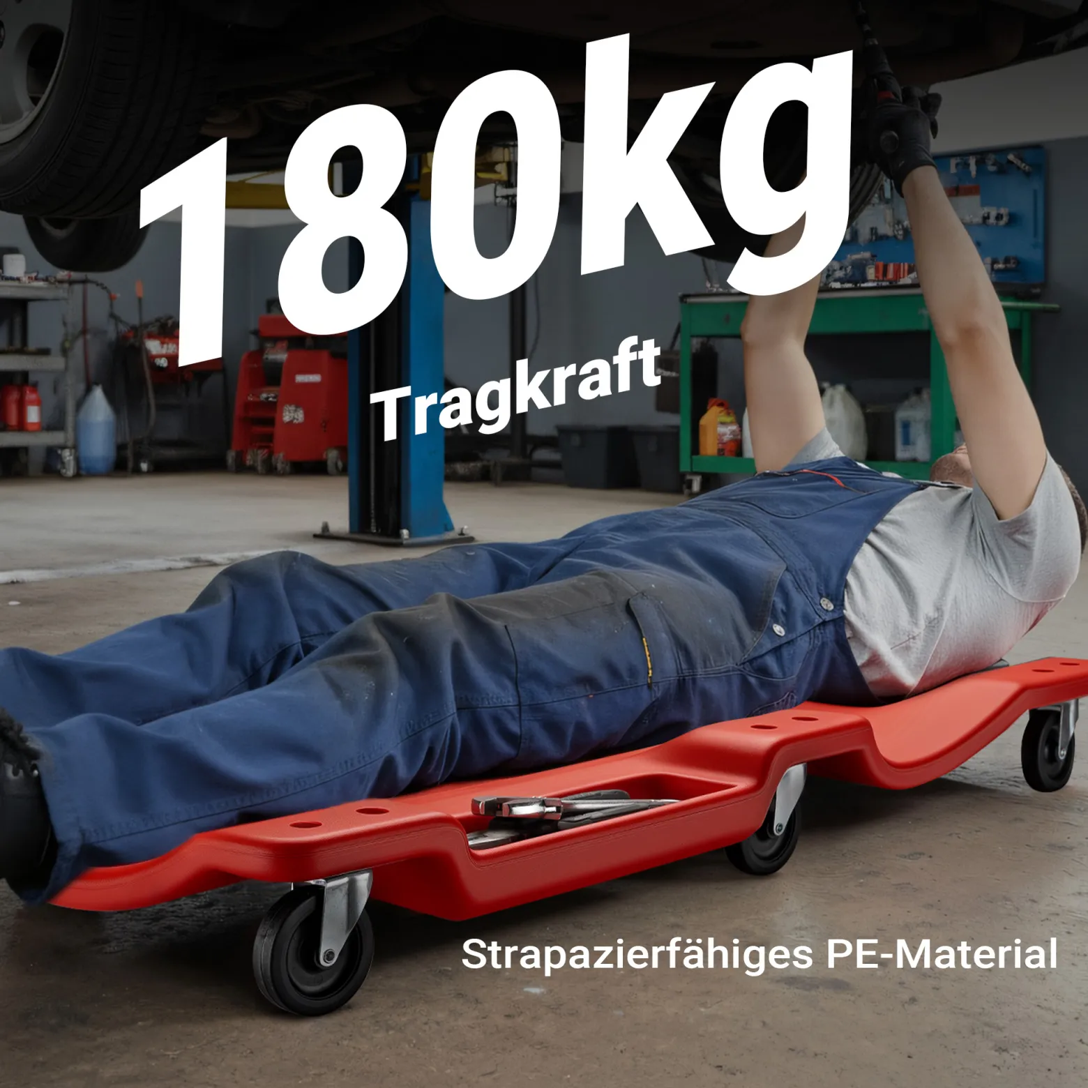 Wiltec Kfz Montageliege 102x48x12 cm bis 180 kg aus Kunststoff, Rollbrett mit abnehmbarer Kopfstütze & Werkzeugfächern, Rollliege, Werkstattliege