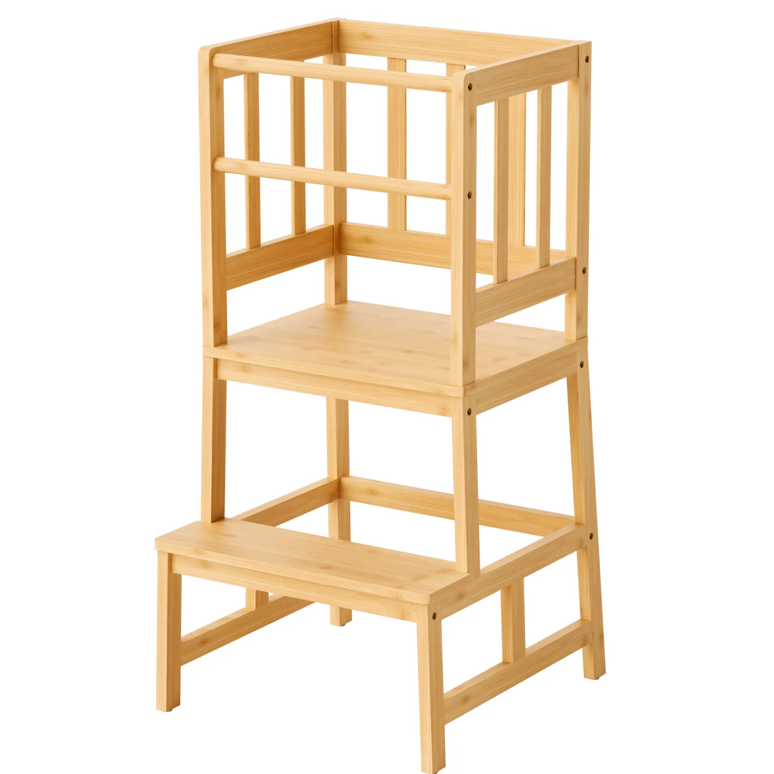 Wiltec Kinderstuhl Lernturm 46 x 46 x 90 cm aus Bambus, Lernstuhl für Kinder mit Geländer, Stehturm mit Schutzstab