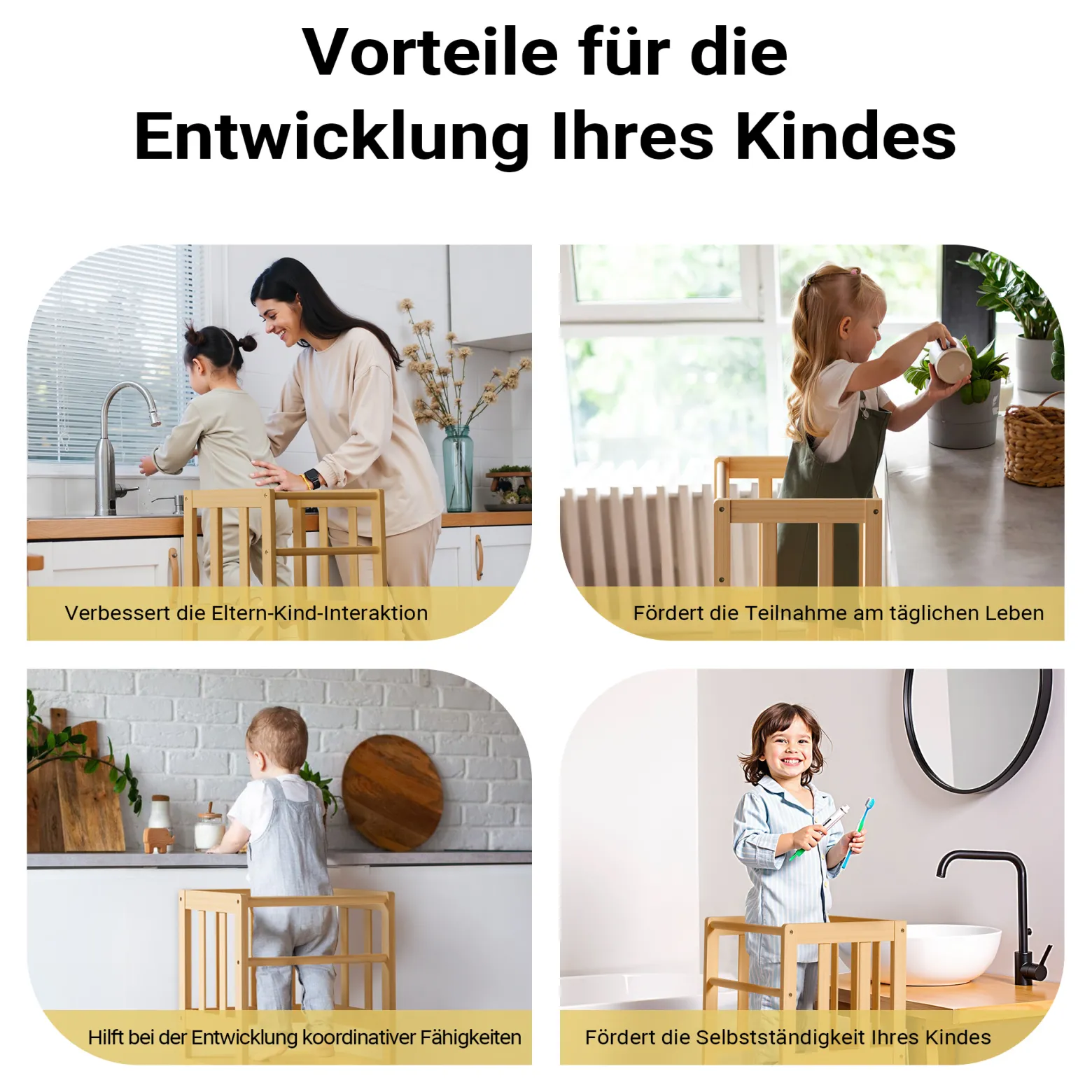 Wiltec Kinderstuhl Lernturm 46 x 46 x 90 cm aus Bambus, Lernstuhl für Kinder mit Geländer, Stehturm mit Schutzstab