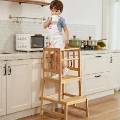 Wiltec Kinderstuhl Lernturm 46 x 46 x 90 cm aus Bambus, Lernstuhl für Kinder mit Geländer, Stehturm mit Schutzstab