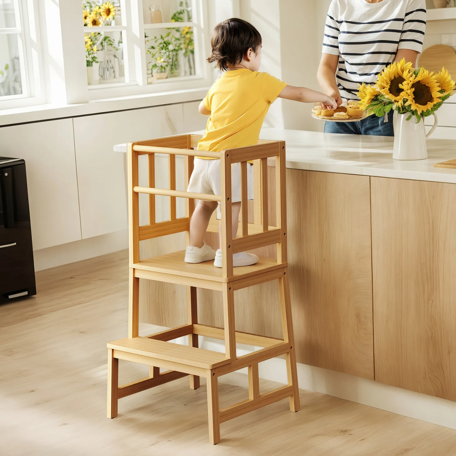 Wiltec Kinderstuhl Lernturm 46 x 46 x 90 cm aus Bambus, Lernstuhl für Kinder mit Geländer, Stehturm mit Schutzstab