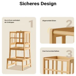Wiltec Kinderstuhl Lernturm 46 x 46 x 90 cm aus Bambus, Lernstuhl für Kinder mit Geländer, Stehturm mit Schutzstab