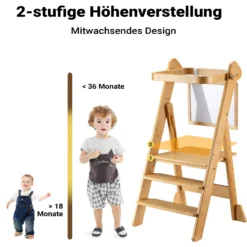 Wiltec Kinderstuhl Lernturm klappbar 43 x 48 x 91 cm aus Bambus, höhenverstellbarer Lernstuhl für Kinder, Stehturm mit Schutzgeländer