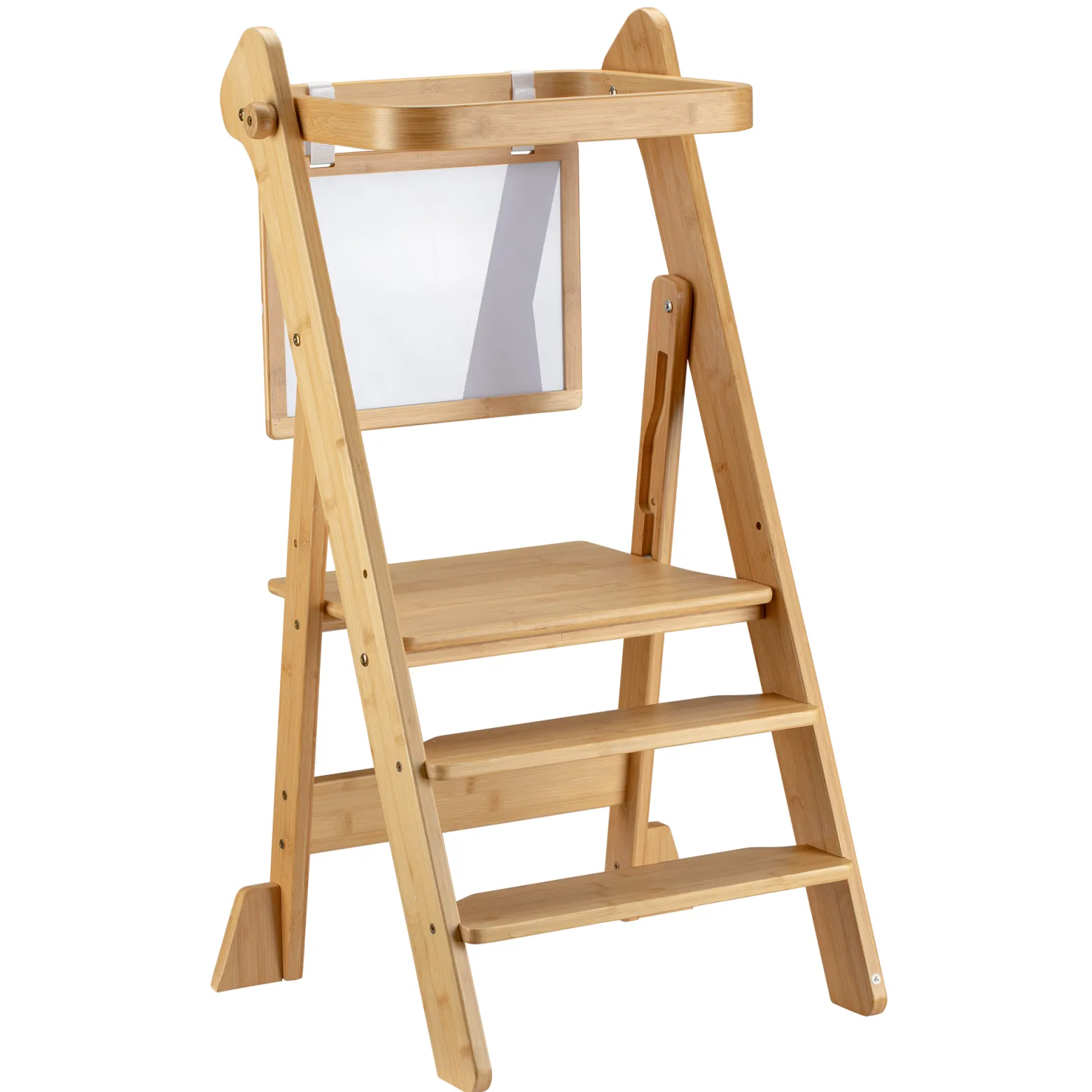 Wiltec Kinderstuhl Lernturm klappbar 43 x 48 x 91 cm aus Bambus, höhenverstellbarer Lernstuhl für Kinder, Stehturm mit Schutzgeländer