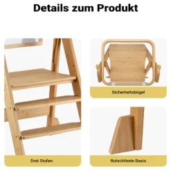 Wiltec Kinderstuhl Lernturm klappbar 43 x 48 x 91 cm aus Bambus, höhenverstellbarer Lernstuhl für Kinder, Stehturm mit Schutzgeländer