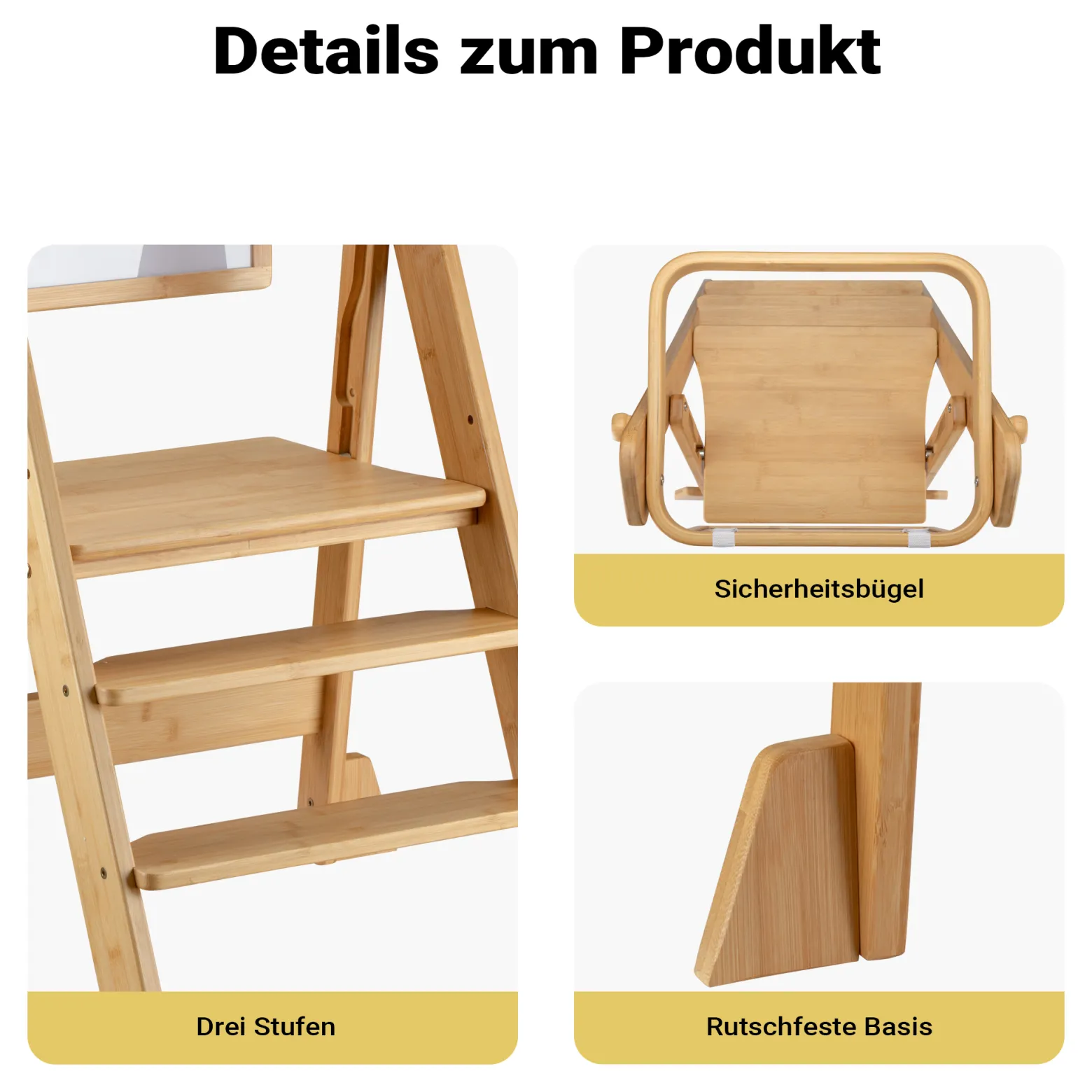 Wiltec Kinderstuhl Lernturm klappbar 43 x 48 x 91 cm aus Bambus, höhenverstellbarer Lernstuhl für Kinder, Stehturm mit Schutzgeländer
