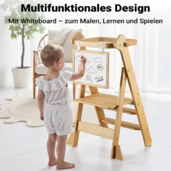 Wiltec Kinderstuhl Lernturm klappbar 43 x 48 x 91 cm aus Bambus, höhenverstellbarer Lernstuhl für Kinder, Stehturm mit Schutzgeländer